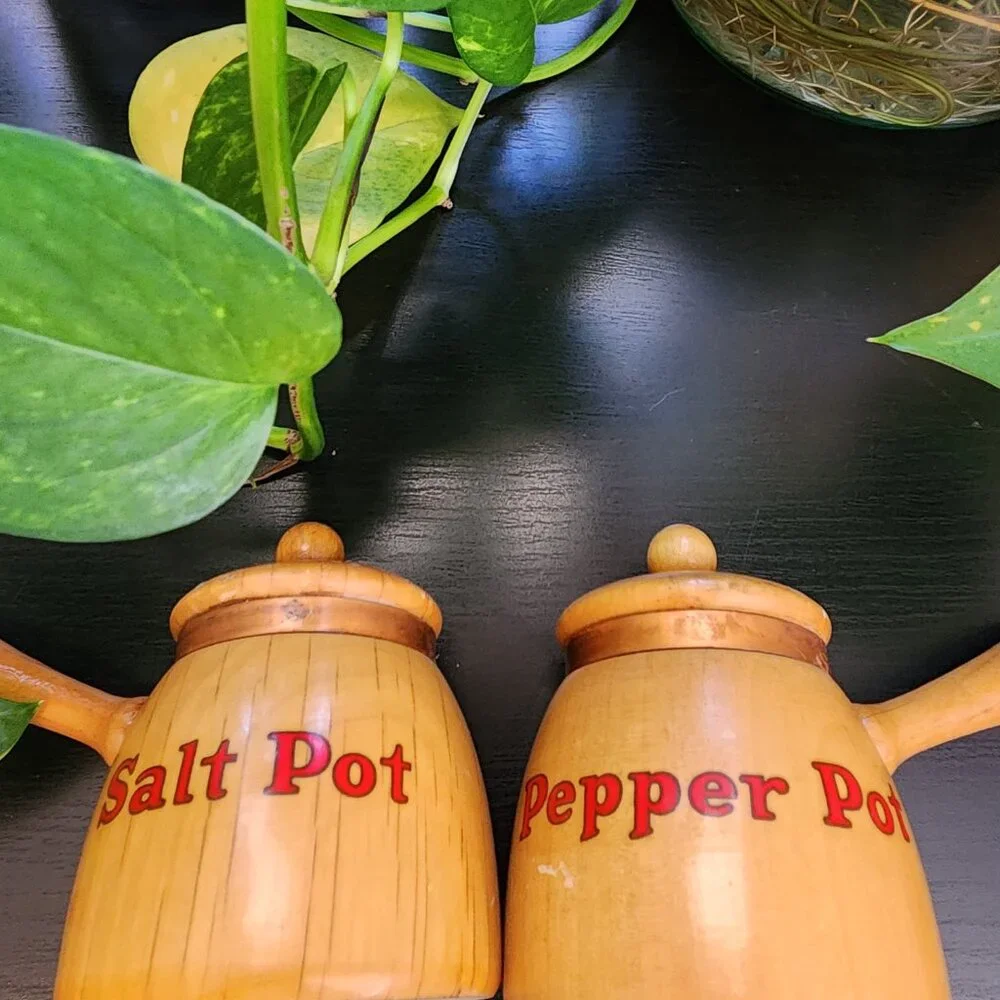 Vintage Salt Pot & Pepper Pot Handled Copper Accent MCM Wood Shakers